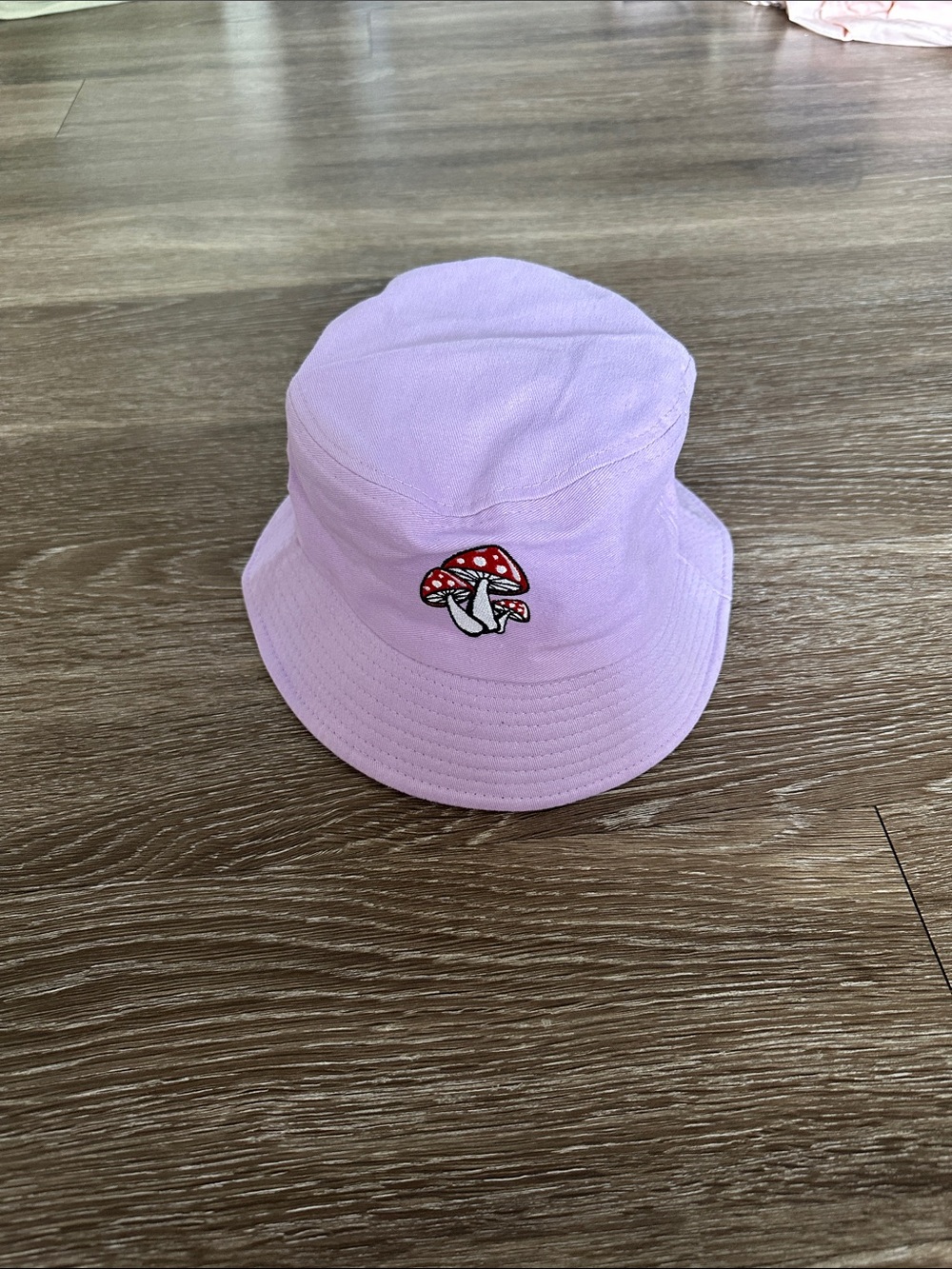 Lilac Bucket Hat with Red Mushroom Patch
